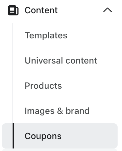 Klaviyo's main navigation menu with the Content tab dropdown open to select Coupons