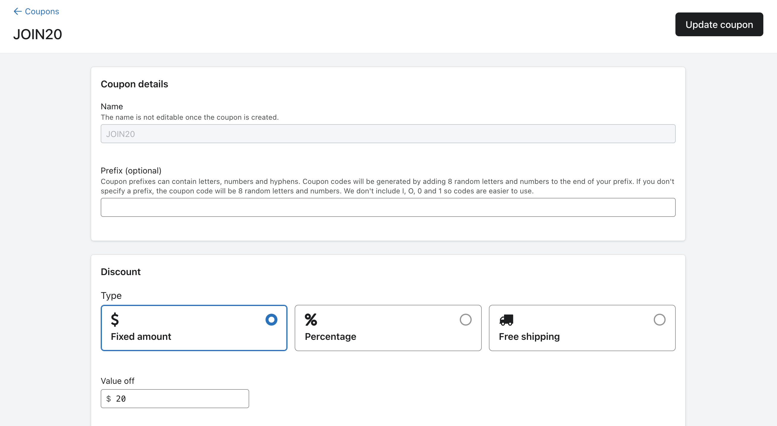 The Coupon Details menu for an example coupon where you can configure the name, prefix, discount type, application, and expiration specifics