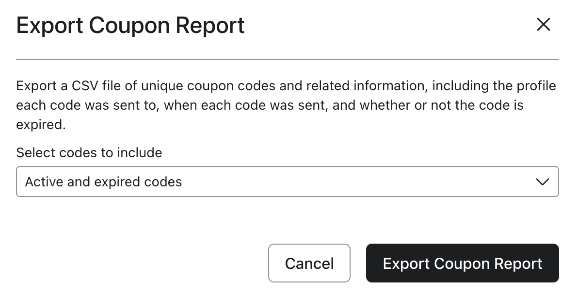 The Export Coupon Report modal showing the option set to include active and expired codes