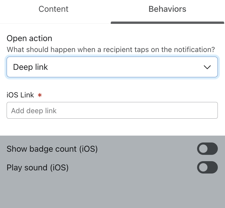 Opción de enviar un enlace profundo en una notificación push.