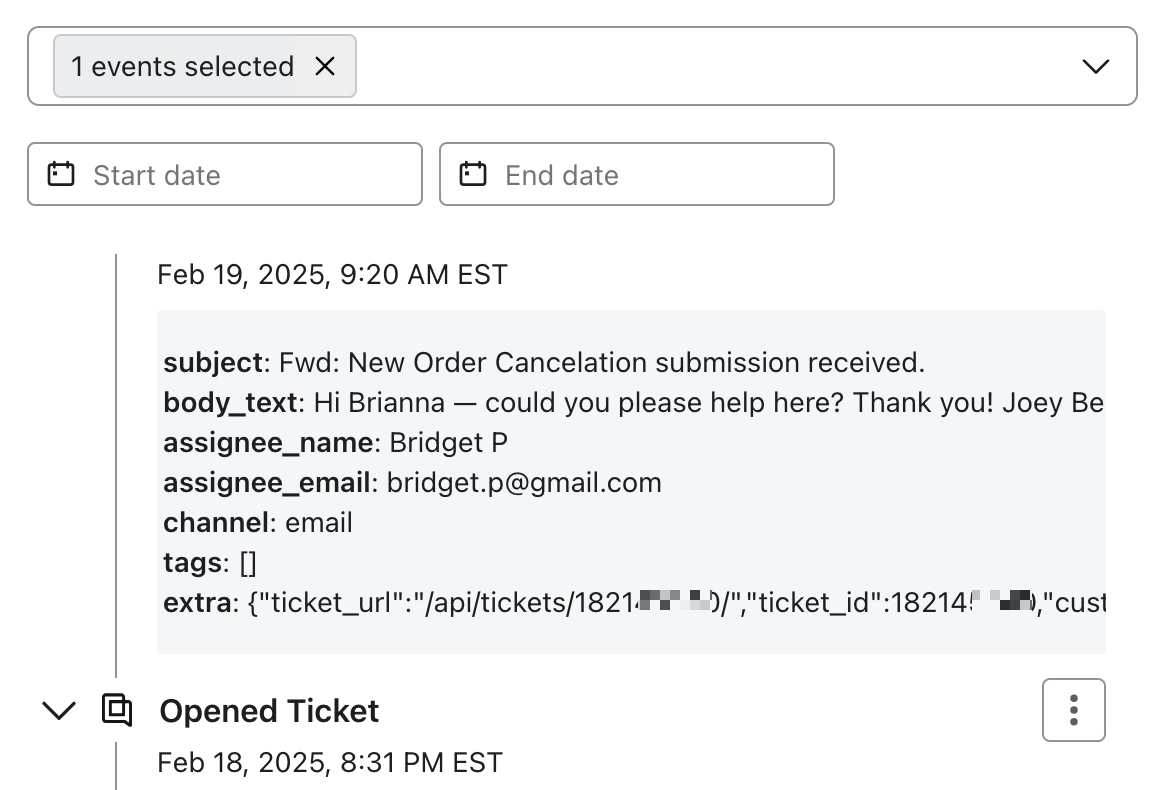 Activity synced to Gorgias for a subscriber, including the ticket information and inbound SMS message.