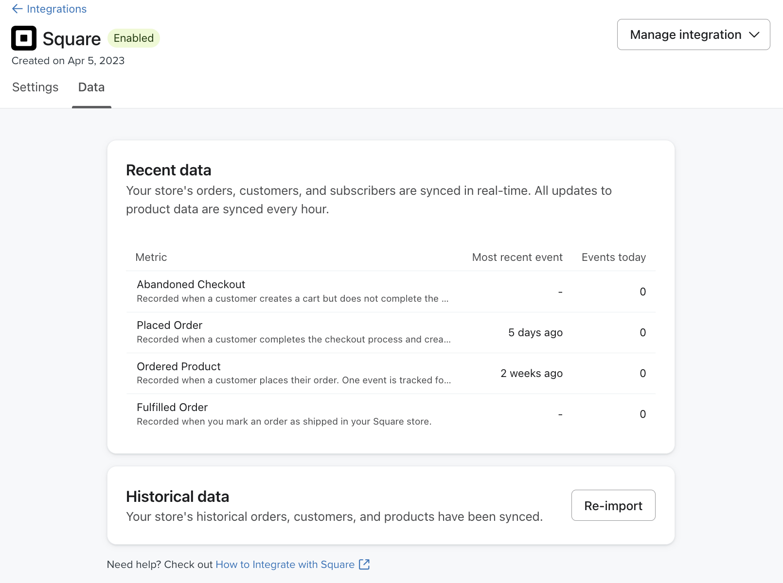 The Data page in Klaviyo showing Recent data from Square and the option to Re-import.