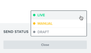 List of sending status options including Live, Manual, and Draft