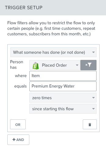 Conditional split that checks if someone has not placed an order for Premium Energy Water since starting the flow