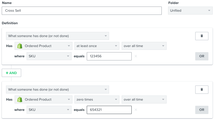 Ein Cross-Selling-Segment in Klaviyo