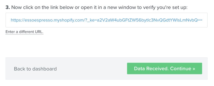 Klaviyo’s web tracking page with test store URL and Data Received. Continue in a green box with an arrow