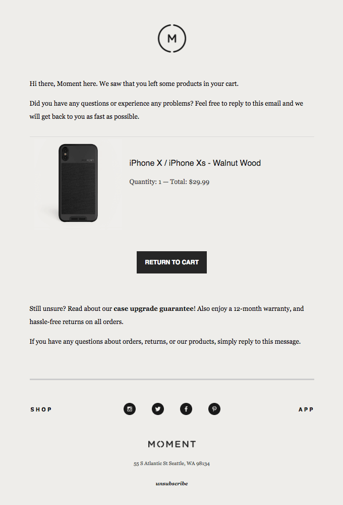 An example of an abandoned cart email with the picture of an iPhone X / iPhone XS case dynamically populated from the user's latest product interaction