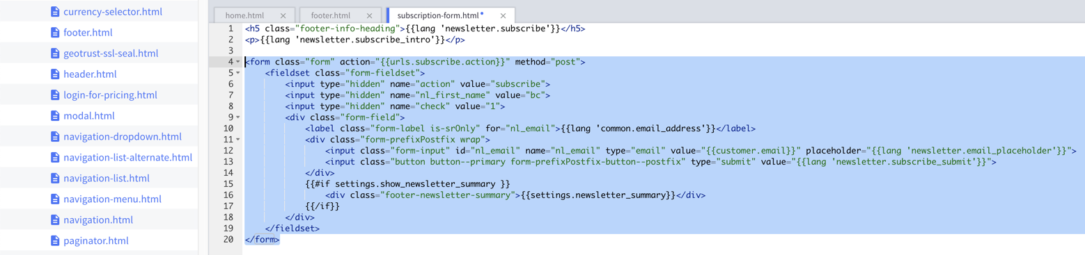 Alt: Subscription-form file open in BigCommerce html editor with form element highlighted in blue