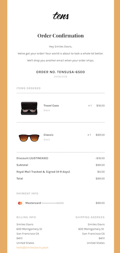 Example of a transactional email containing the images, names, and prices of products purchased