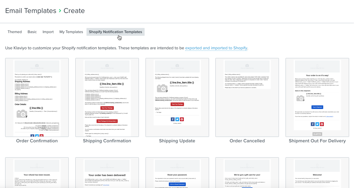 Klaviyo's email template library showing example templates, with different options at the top including Shopify Notification Templates with gray background