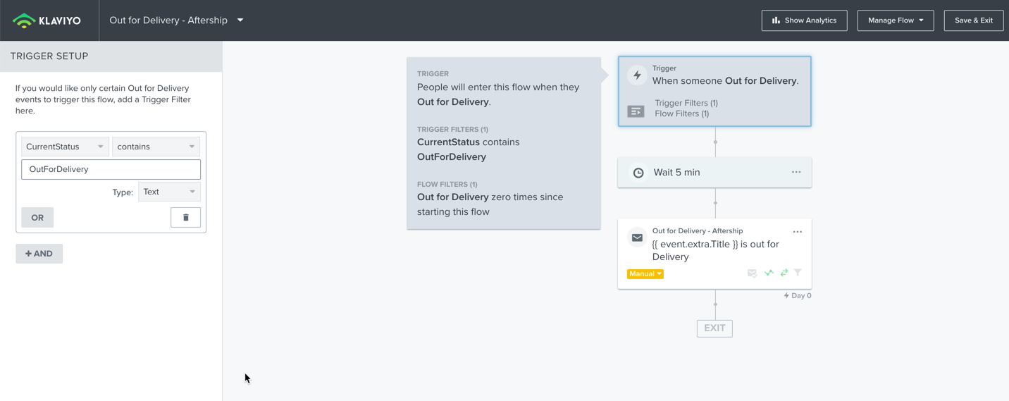 Screenshot of Klaviyo flow using Out for Delivery, sending an email to customers with customized property placeholder