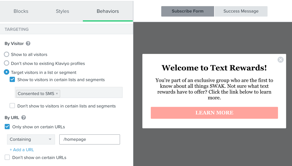 Example of targeting SMS subscribers with a form