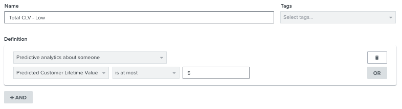 Ein Segment von Profilen, deren prognostizierter Customer Lifetime Value 5 oder weniger beträgt