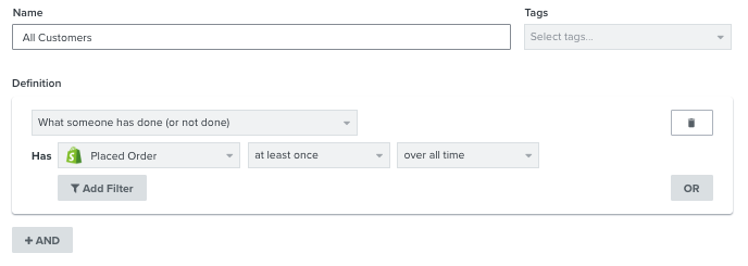 Ein CLV-Segment (Customer Lifetime Value) von Profilen, die über die gesamte Zeit mindestens eine Bestellung aufgegeben haben