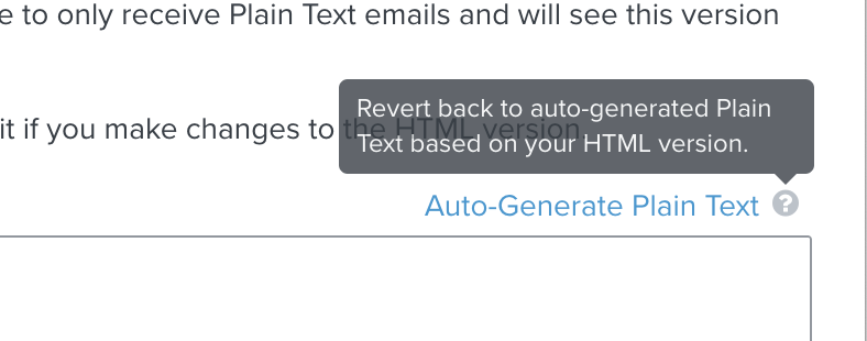 Above a link that says Auto-Generate Plain Text, tooltip text displays the message Revert back to auto-generated Plain Text based on your HTML version
