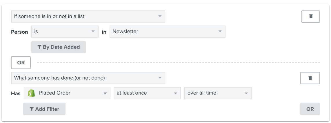 Beispielsegment, bei dem der Kunde deine Newsletter Liste abonniert ODER mindestens einmal ein Produkt bestellt haben muss.
