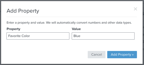 The Add Property modal with Property set to Favorite Color and Value set to Blue