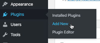 WooCommerce’s plugins dropdown, showing Installed Plugins, Add New, and Plugin Editor, with Add New selected