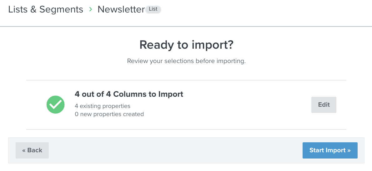 A list import confirmation page