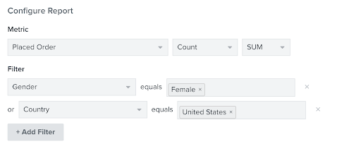 Inside a metric report with option at top to choose property and grouping to sort by below with example filter of gender