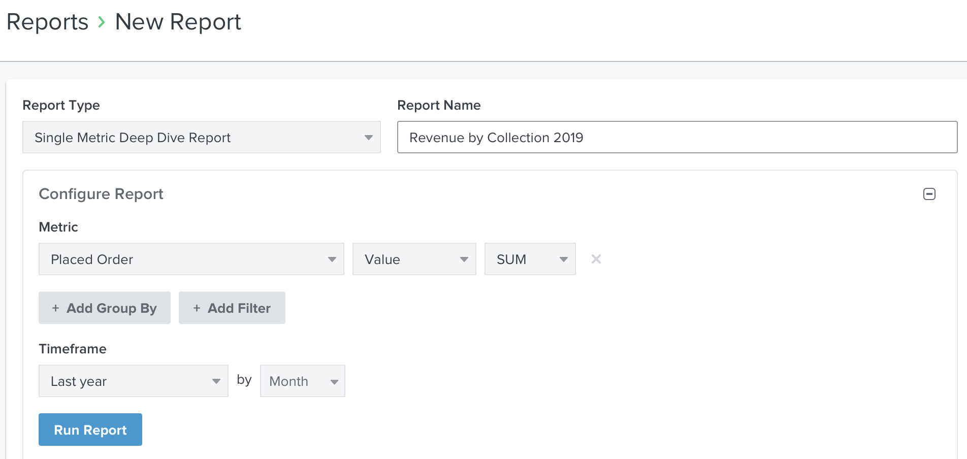 An example of a custom report that is ready to be run by clicking on the Run Report button at the bottom of the page