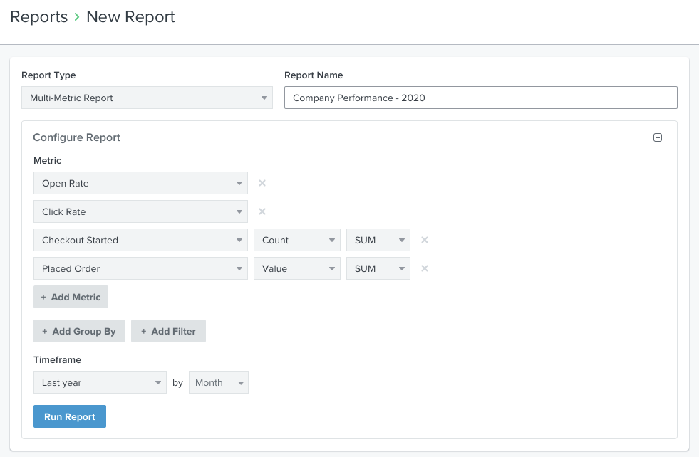 Example of a multi-metric report with name, configured metrics, and timeframe chosen, with button for Run Report below
