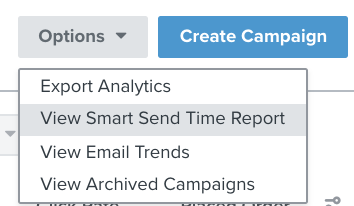In Smart Send Time report, clicking on options button with View Smart Send Time Report chosen
