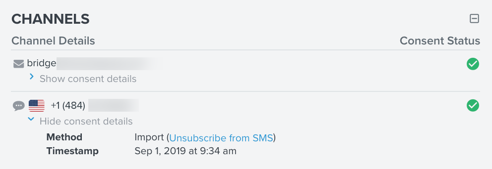 Close-up of the Consent box, showing the link to unsubscribe a profile from SMS