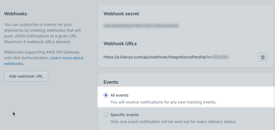 Highlighted section of AfterShip site to verify the All Events radio button is selected