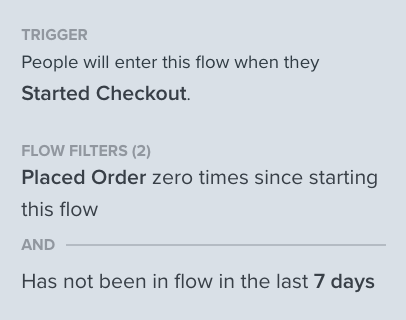 A view of the recommended trigger and flow filters to setup, including started a user checkout, placed zero orders, and has not been in flow in the past 7 days