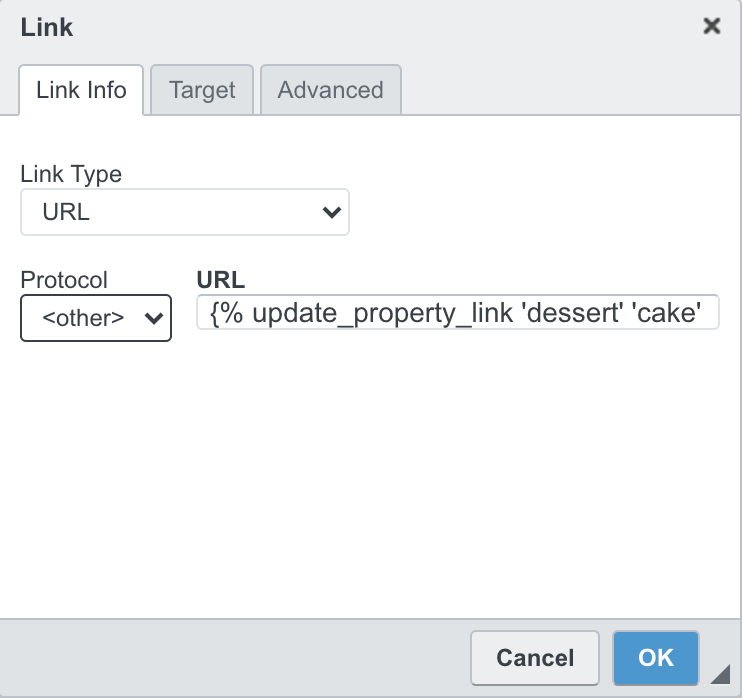 The URL modal shown when linking text in a text block