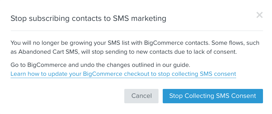 Modal in Klaviyo to stop collecting SMS consent at checkout for BigCommerce