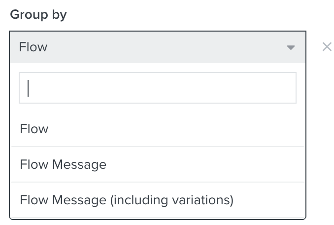 Inside a Flow Performance Report, you can open the Group By dropdown to choose how to group metrics like Flow or Flow Message