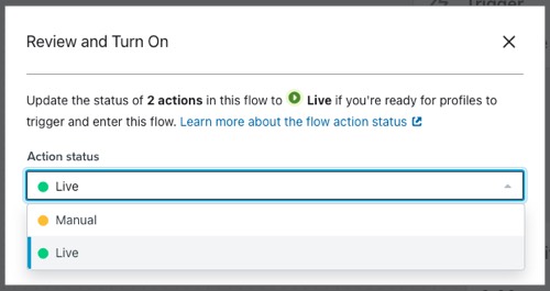 In het venster Alle actiestatussen bijwerken kun je Concept, Handmatig of Live selecteren