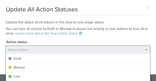 Venster Alle actiestatussen bijwerken met een dropdownmenu voor elke status