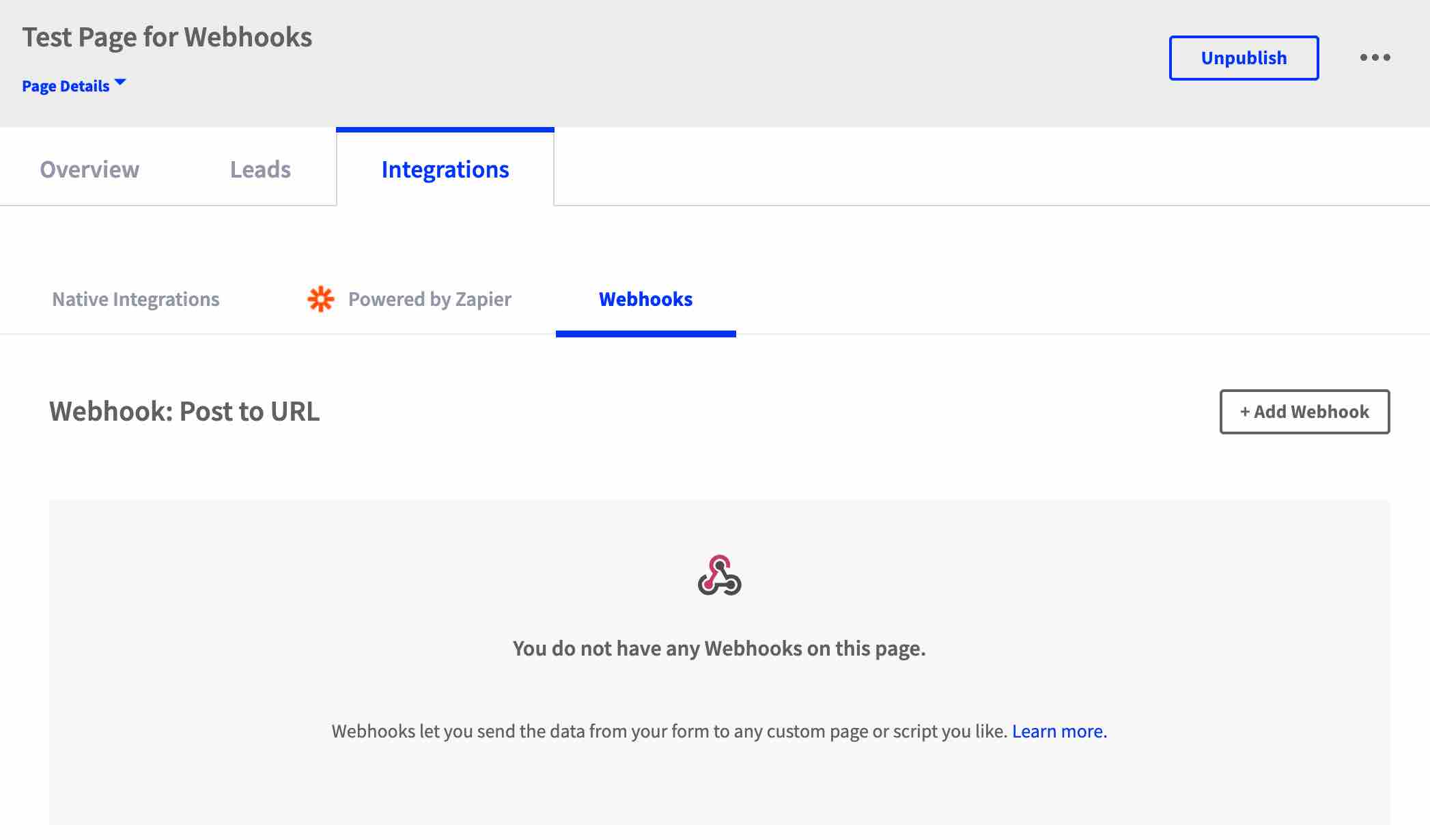 integraties tabblad van Testpagina voor webhook toont webhook tab erin