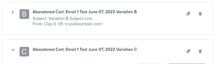 De klonen variatie verschijnt onder de originele variatie.