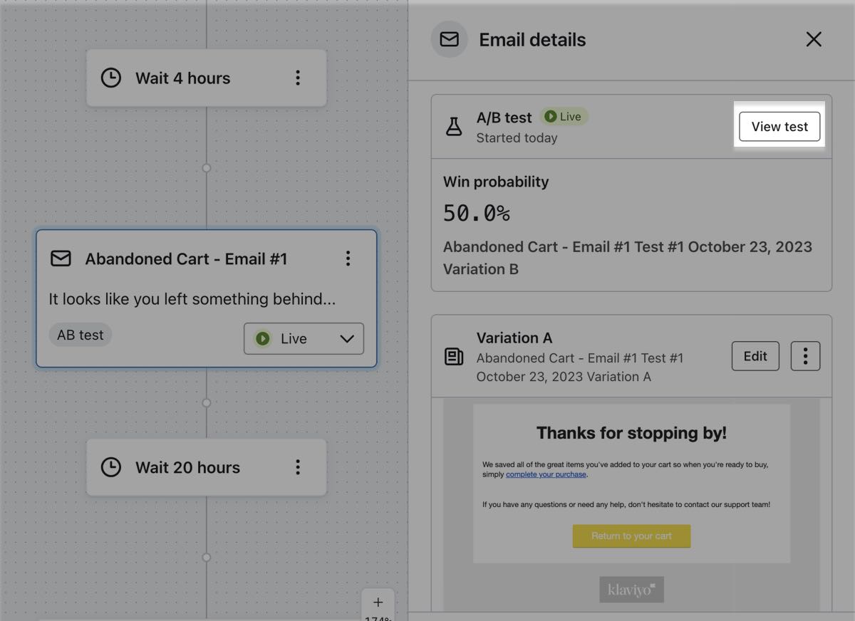 De knop Bekijk A/B-test staat in de linker zijbalk van de flow builder en verschijnt als er een test is gemaakt voor een flow bericht.