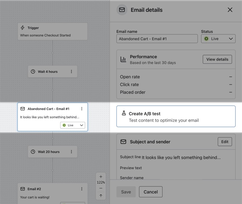 Knop A/B-test maken in het paneel Email details
