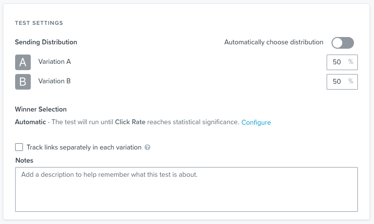 In het gedeelte over testinstellingen kun je de distributie, winnaarselectie en notities voor de A/B-test configureren.