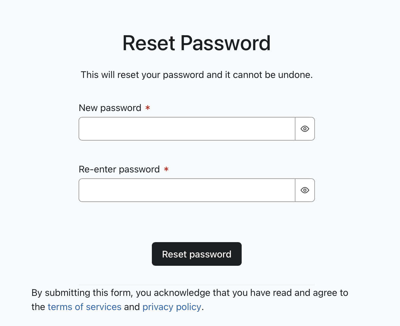 Het Reset wachtwoord modal waar je een nieuw wachtwoord voor je account kunt invoeren, opnieuw kunt intypen en vervolgens kunt opslaan.