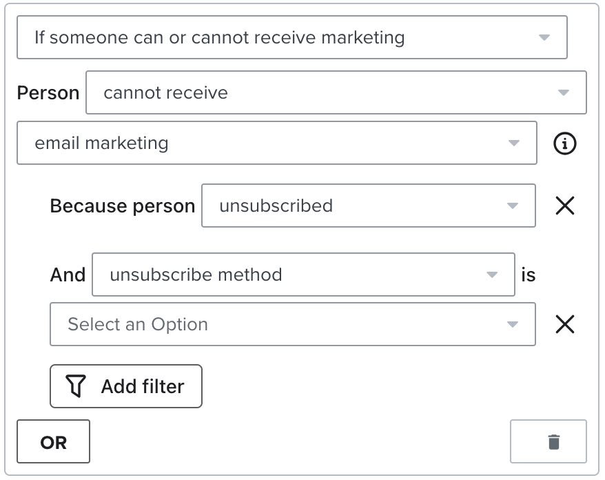 Filter op 'persoon kan geen e-mailmarketing ontvangen' en afmelden methode