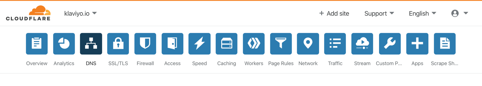 Binnen Cloudflare, de bovenste navigatie met het DNS-pictogram geselecteerd.