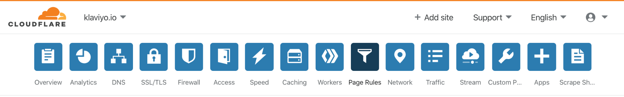 Binnen Cloudflare, de bovenste navigatie met het pictogram Paginaregels geselecteerd.