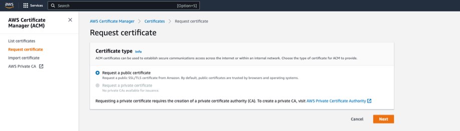 Certificaat aanvragen pagina in Cloudfront