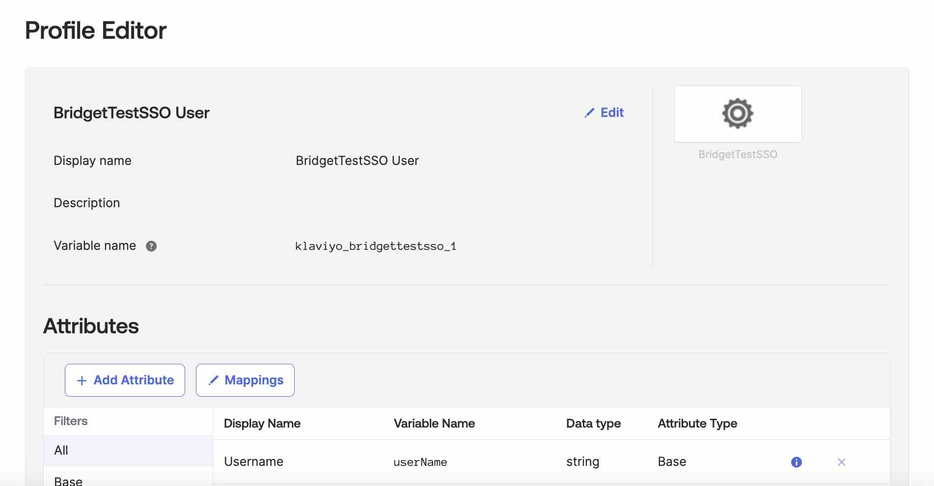 Bovenaan de pagina Profiel Editor in Okta, met de knop om een attribuut toe te voegen