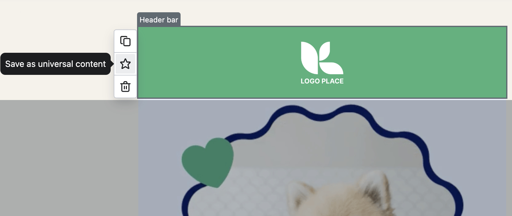 Een kopbalkblok geselecteerd op een template in de editor en met het sterpictogram in het menu met bewerkingsopties.