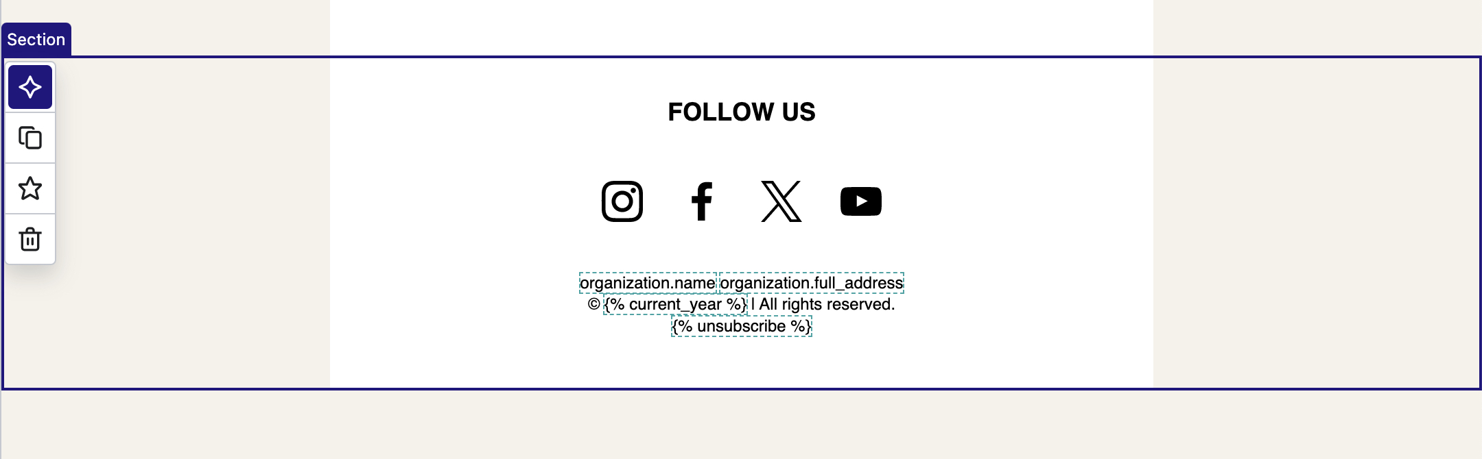 Een voettekst is geselecteerd op een template in de editor en toont de optie met het sterpictogram in het menu met bewerkingsopties.