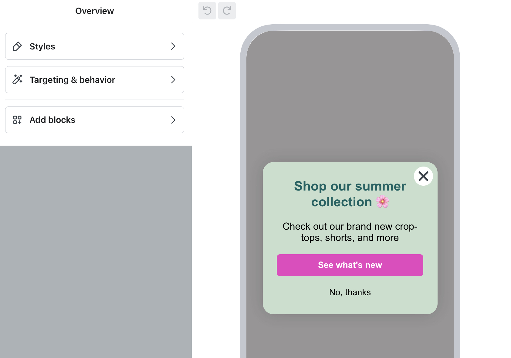 De formuliereditor in Klaviyo met een voorbeeld van een in-app formulier in de preview en het menu met opties om het formulier aan te passen.