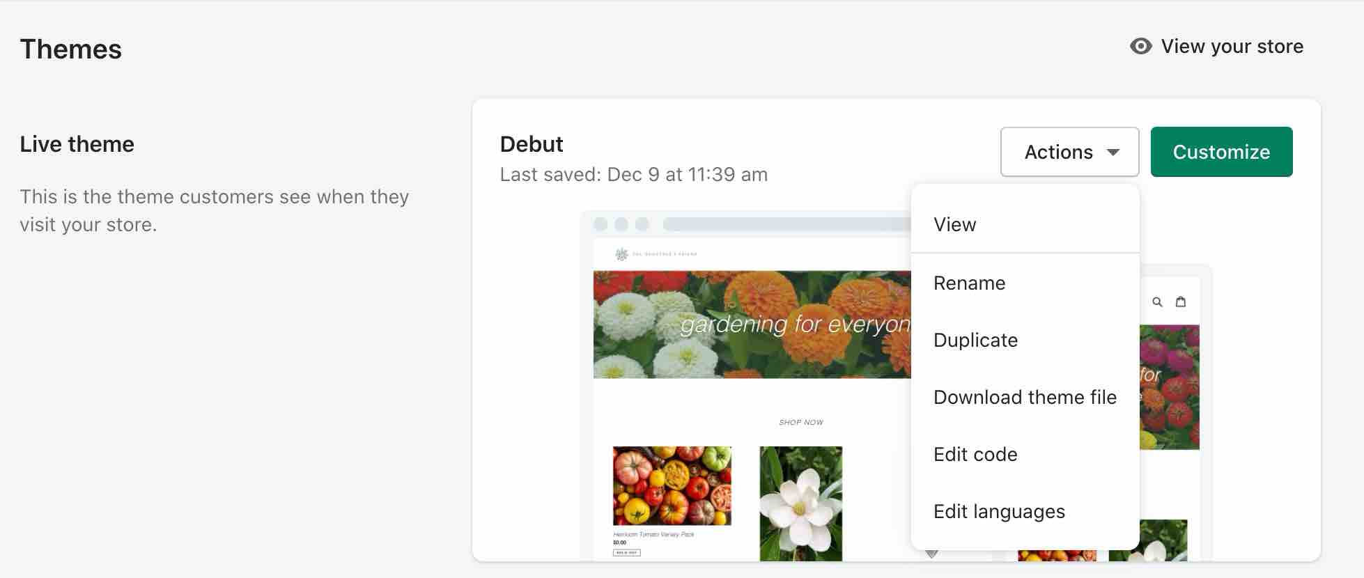 Shopify Thema's pagina met Actie dropdown geopend met Edit Code optio